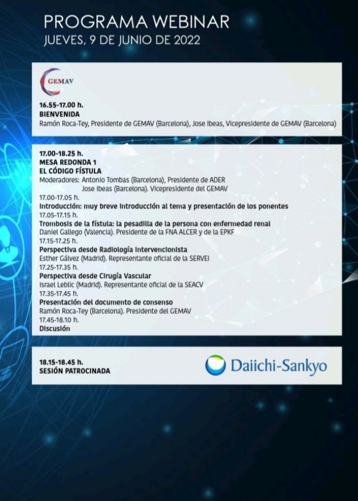 GEMAVsociedad's tweet photo. 📢 Solo faltan dos días.
💻 Este jueves, os ofrecemos un webinar gratuito con les mejores especialistas sobre el código fístula y la fístula protésica de punción inmediata.
🕔 De 16.55h a 20h
📝 Inscríbete aquí: https://t.co/2i2ItehpNX
#webinar #nefrología #accesovascular https://t.co/4YrIowMLeb