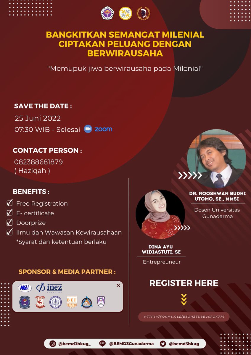 “Webinar Kewirausahaan: Bangkitkan Semangat Milenial Ciptakan Peluang Dengan Berwirausaha”

Halo teman-teman!👋🏻

Kali ini kami akan mengadakan kegiatan yang menambah keproduktifan dan ilmu nih 🙌🏻

Link pendaftaran :
forms.gle/B3qHzTd8bVsfqk…