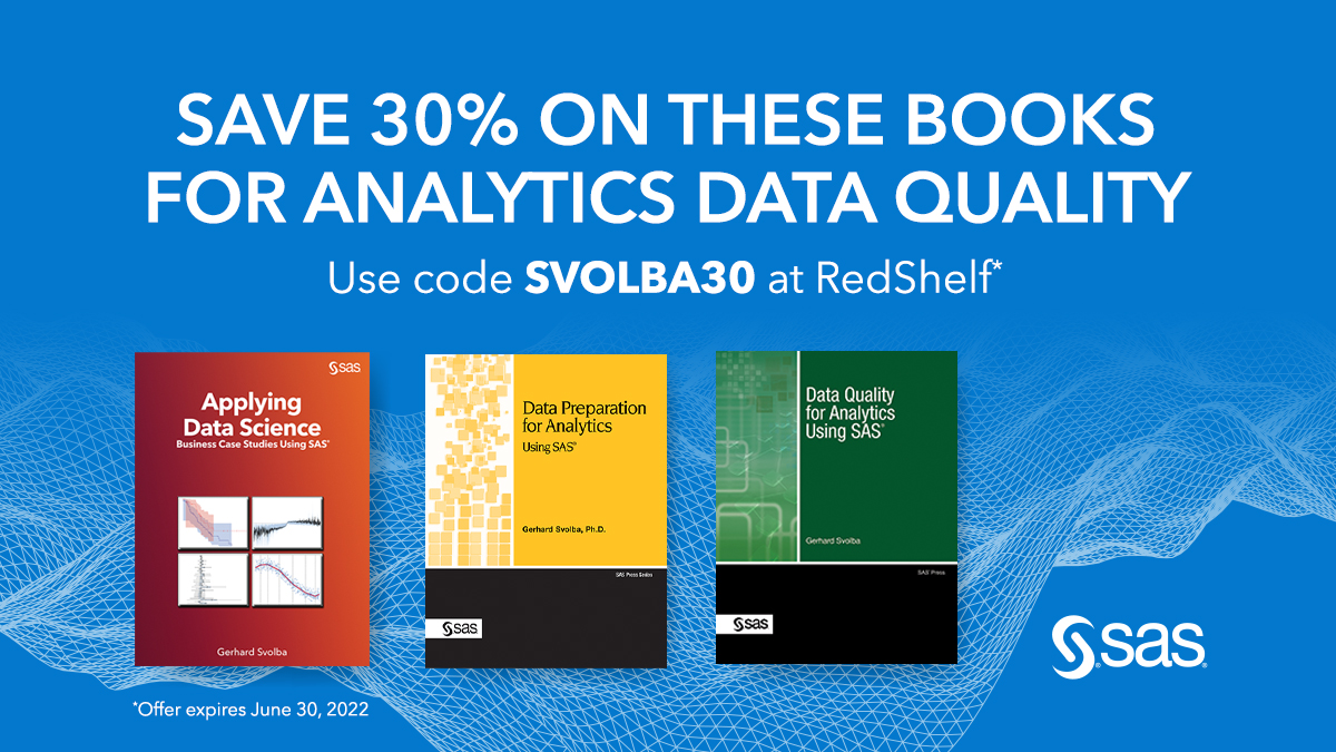 30% discount on 3 #datapreparaton for #datascience book in #saspress.

happy to see that SAS press is running a 30% "June Promotion" for my 3 books.

use the promotion Code SVOLBA30 at sasinstitute.redshelf.com