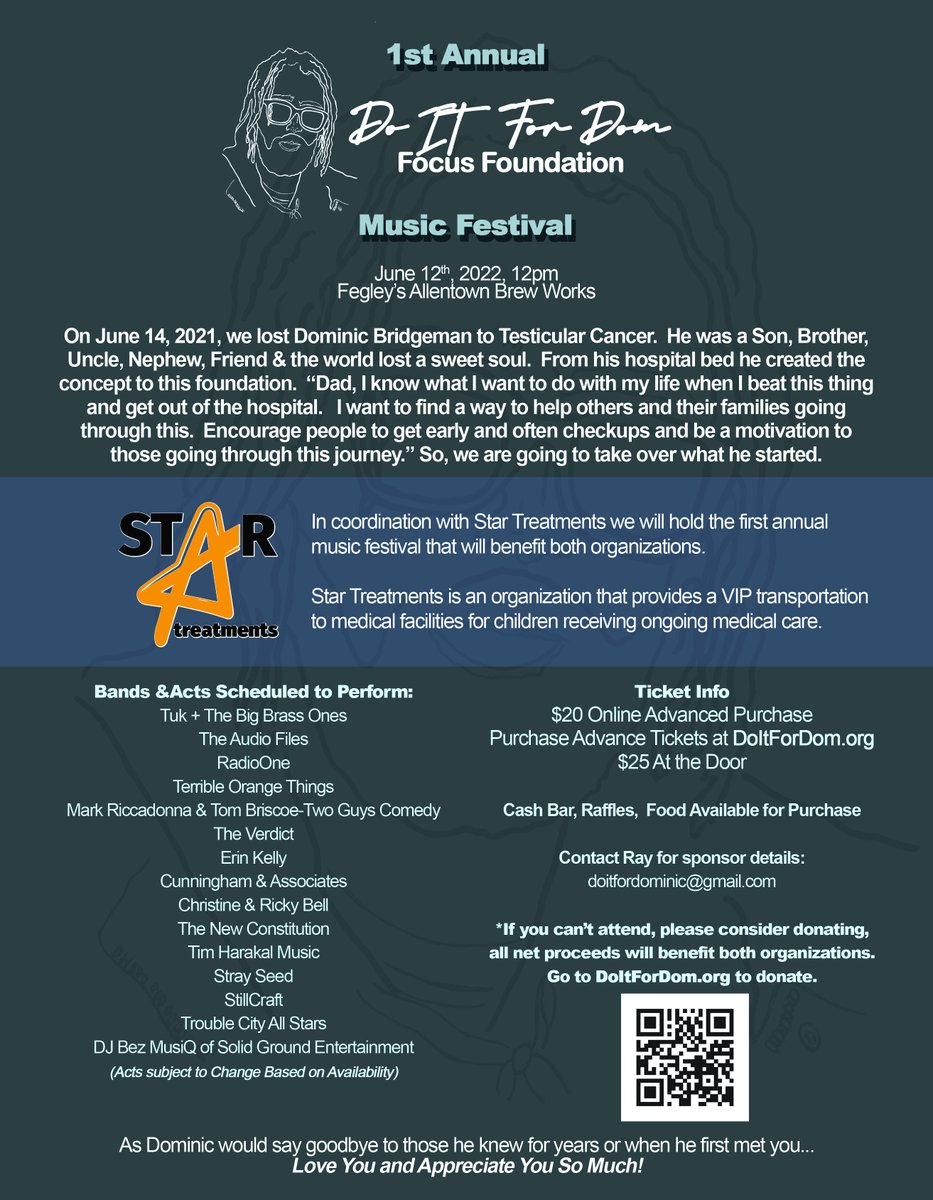 Sunday, June 12, 2022, Do It For Dom - Focus Foundation presents the 1st Annual Music Festival at <a href="/TheBrewWorks/">Fegley's Brew Works</a>, Allentown starting at 12:00PM. Come out and enjoy some great bands, food, and drinks as we all work to raise awareness and money to beat cancer.