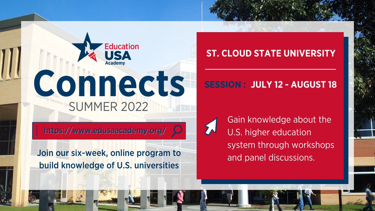 Academy Connects deadline alert!  Connect with <a href="/stcloudstate/">St. Cloud State</a> this summer to gain knowledge about the U.S. higher education system through workshops and panel discussions.  Be sure to apply before Friday! ➡️ bit.ly/StCloudEdUSA.