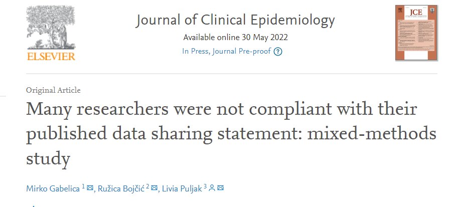 Our new study shows that data availability statements are not very useful; 1670 (93%) authors who indicated that data are available on request either did not respond or declined to share their data with us. Journal of Clinical Epidemiology: doi.org/10.1016/j.jcli…