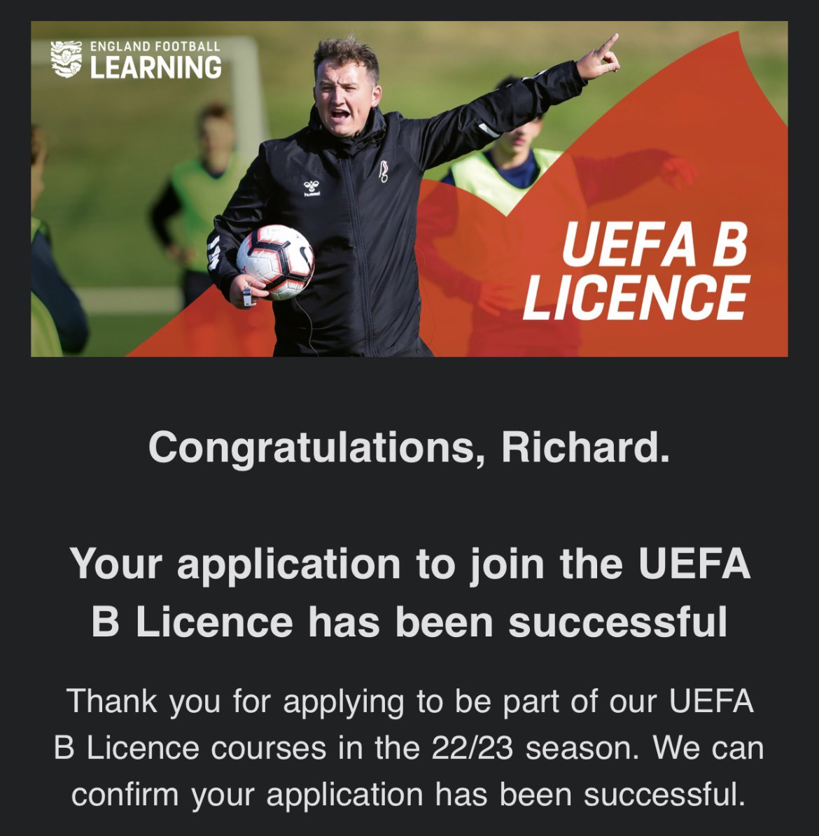 Pleased to have found out that I have been accepted onto my UEFA B Licence. Really looking forward to starting the course! ⚽️📚