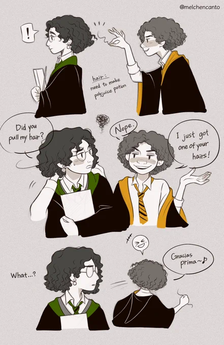 Mirabel and Camilo at Hogwarts🦉short comic!
←English
日本語→

every time my art style changes from usual when I draw a comic…😅 explained below why I made Mirabelle a Slytherin!👇 