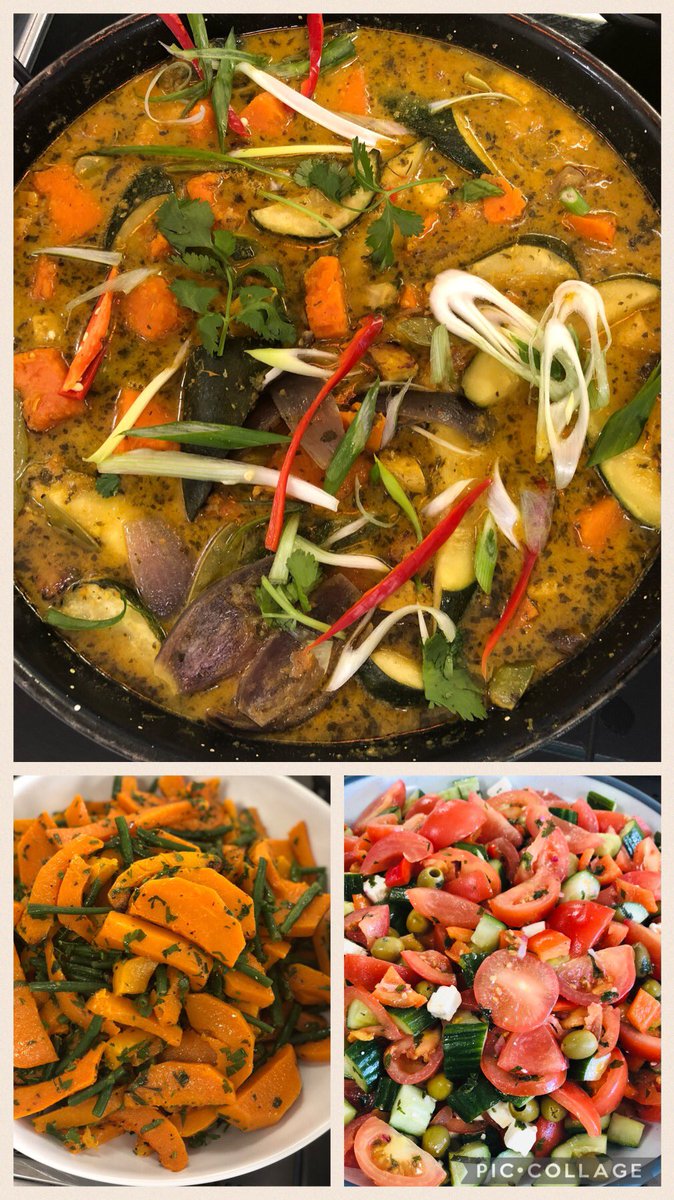 Todays vegetarian curry: Pinoy, tofu & vegetables with coconut milk. Also two of our healthy and vibrant salads of toasted butternut squash and green beans or delicious Greek salad. @NorthwoodGDST @Thomas_Franks_ @NWC_Family #tofu #vegtables #HealthyEating #tuesdayvibe