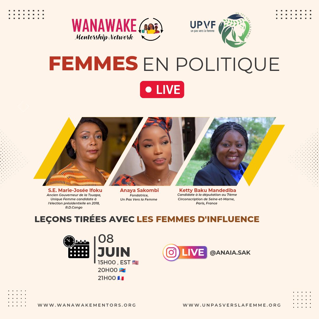 WanawakeMentors's tweet photo. Demain 8 Juin 2022 sur Instagram!
15h00 (Ottawa 🇨🇦, Washington DC 🇺🇲), 20h00 (Kinshasa 🇨🇩), 21h00 ( Paris 🇨🇵).
#Wanawakementors #womenempowerment #femmesenpolitique #UPVF https://t.co/ZebNSc92wi