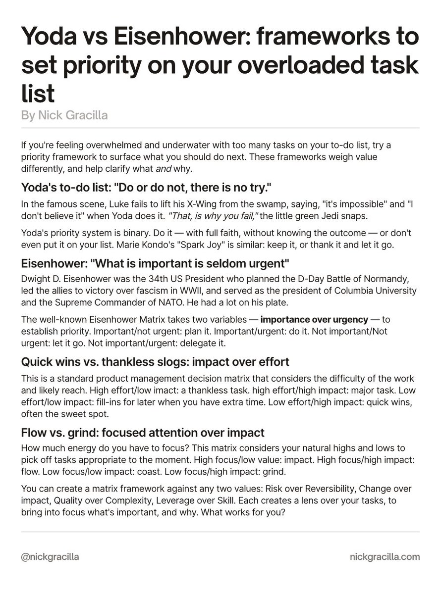 nickgracilla's tweet photo. Even Yoda had a to-do list. 

If you're feeling overwhelmed, with too much on your task list, try one of these priority frameworks — from Yoda to Eisenhower — to bring into focus what's important, and why: 

#ship30for30 #prioritymatrix #pm https://t.co/pIsjrdcaKN