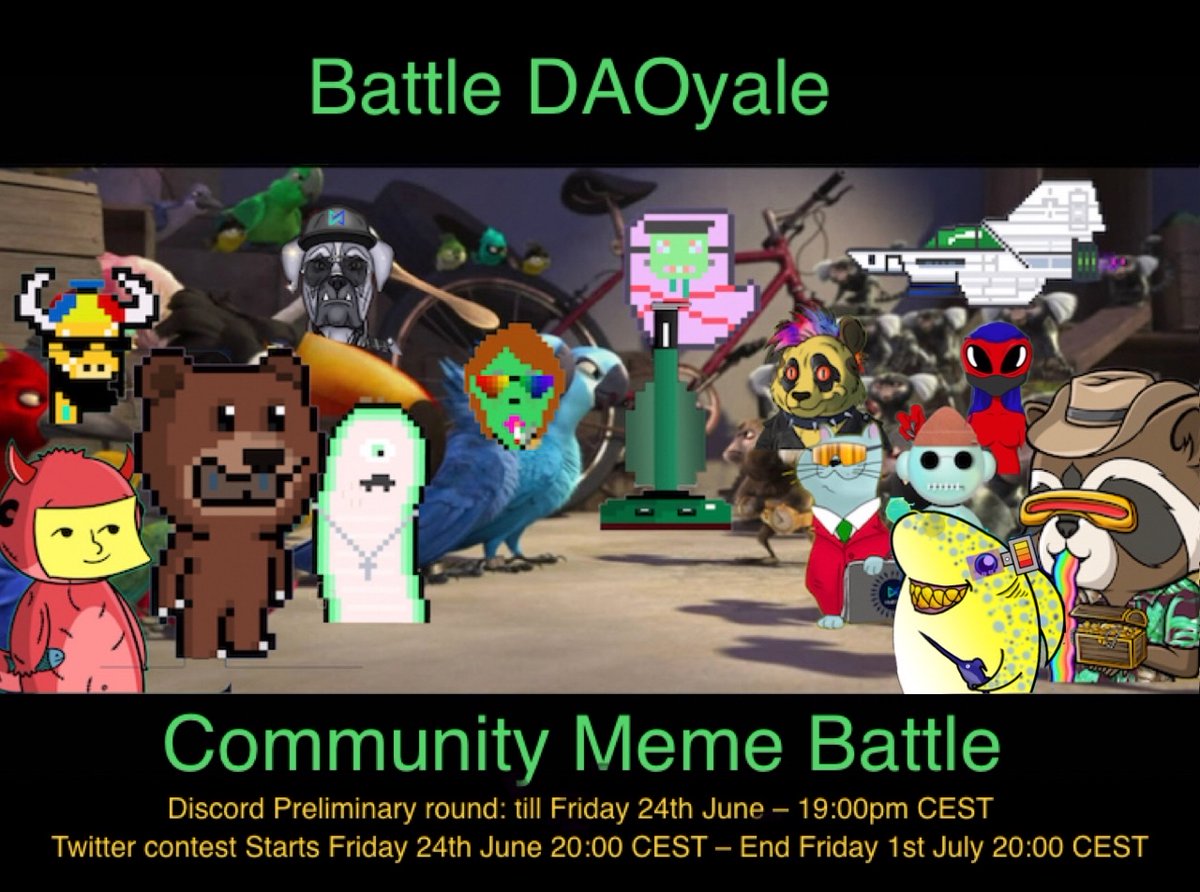 Battle DAOyale is ON!!

Which meme will win this contest between all the NFT projects on the MultiVAC blockchain ?!?

#BattleDAOyale #MultiVAC 

#mtv <a href="/MultiVAC_Global/">MultiVAC</a> #battleroyale #nft #community #fun