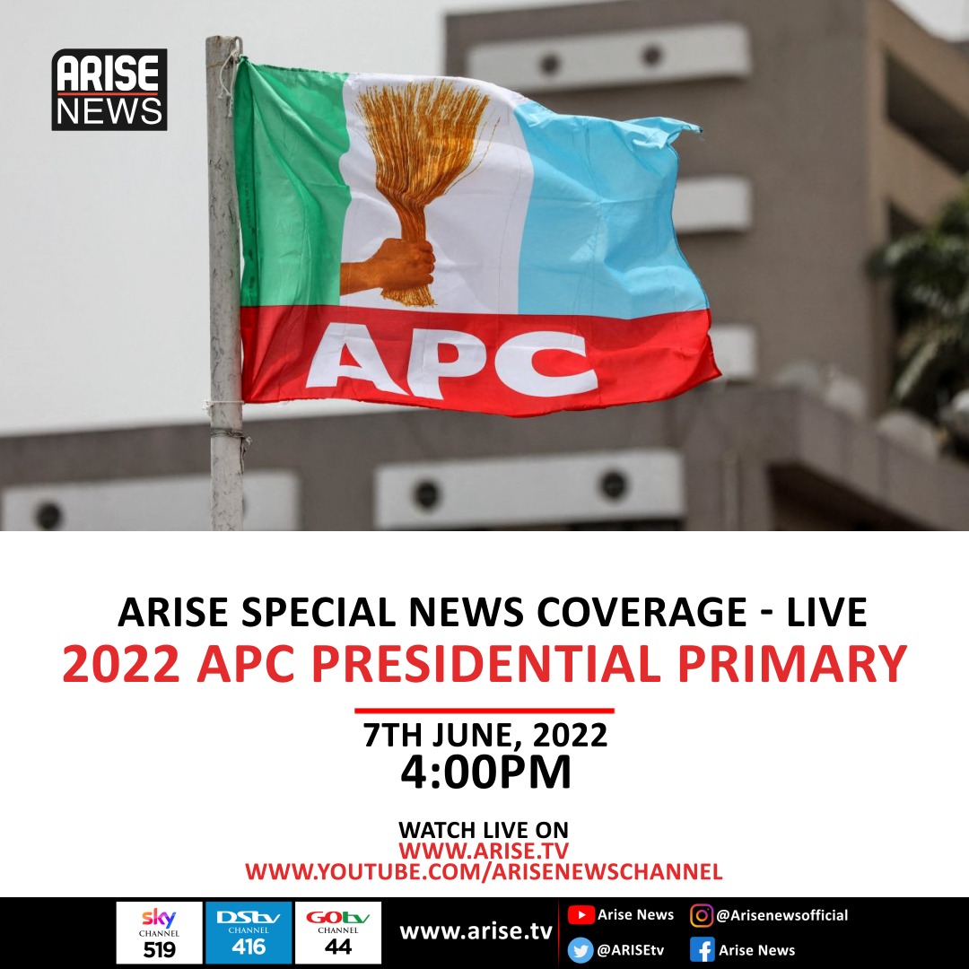 ARISEtv's tweet photo. Today on ARISE News, Special Coverage of the 2022 APC Presidential Primary, live from 4pm, on https://t.co/f4CLTodHe0 
Live stream on Youtube on ARISE News Channel and on channels 416 (DsTV) 44 (GoTV) &amp; 519 (SkyUK). https://t.co/3o6QUTzekZ