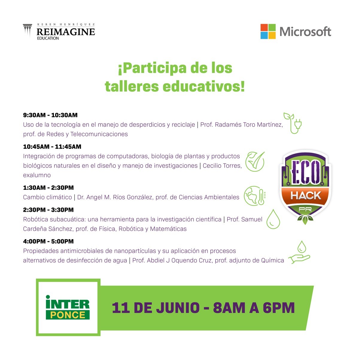 khenriquez's tweet photo. Participa de los talleres educativos gratuitos en temas ambientales, de sustentabilidad y de innovación tecnológica que te trae el @EcoHackPR este sábado, 11 de junio de 8AM-6PM📍en la @InterPonce ¡Regístrate gratis: https://t.co/BvZmr9P6Ys @adamonzon
#ECOHACKPR https://t.co/dWbtHEJEjp