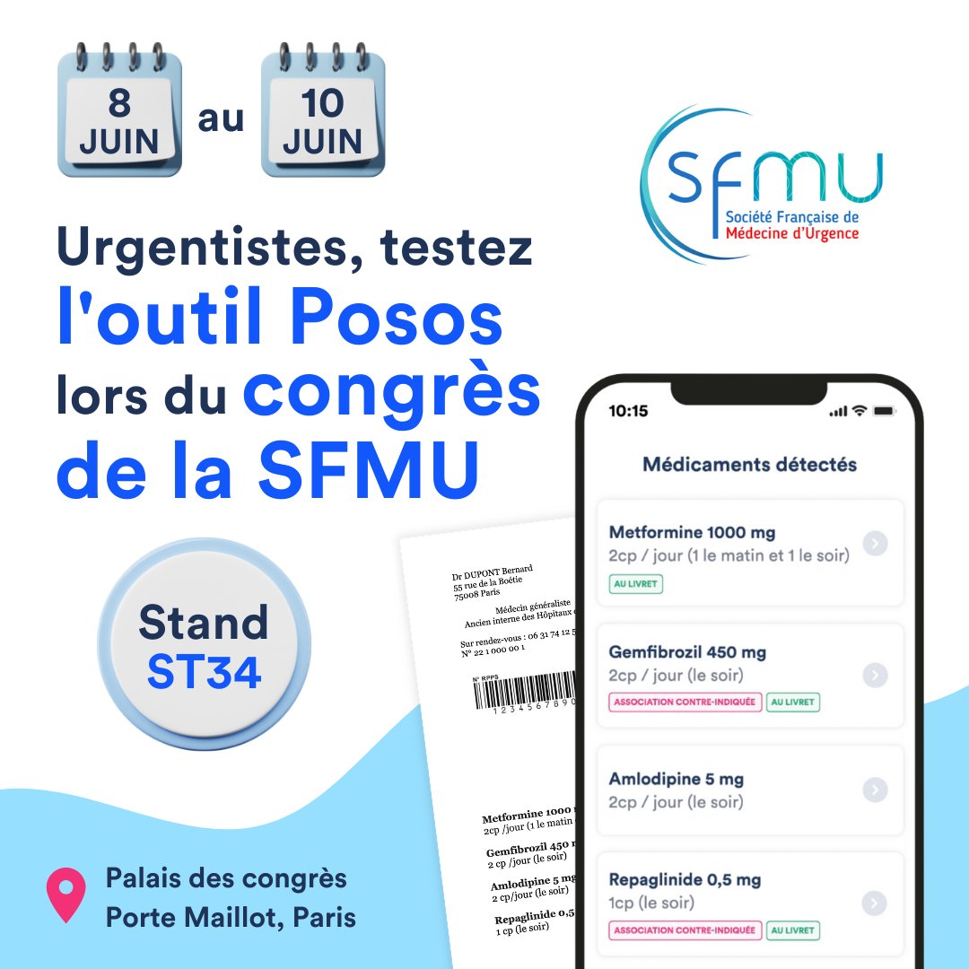 posos_tech's tweet photo. Posos facilite la vie des #urgentistes 

Vous participez au congrès de la SFMU demain ? 

Réservez un créneau avec notre équipe de pharmaciens pour une démonstration de Posos intégré dans le dossier patient informatisé.

#SFMU #congresSFMU #esante https://t.co/TO9Mr64TIA