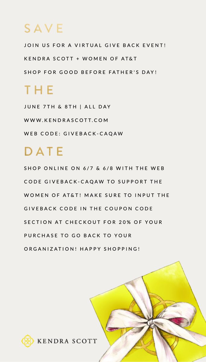 AT&amp;T peeps join us in Kendra’s Give Back Event! 

Kendra Scott will be donating 20% of purchases to our Women of AT&amp;T 50th Anniversary event. 

Make sure to check out their men’s line for Daddy’s Day!!