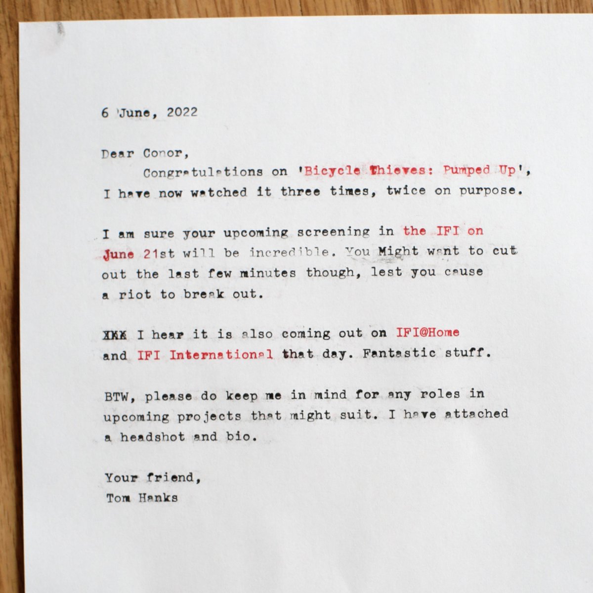 BikeThievesPU's tweet image. Wow! We got a letter from Tom Hanks. He seems nice. #BTPU linktr.ee/bicyclethieves