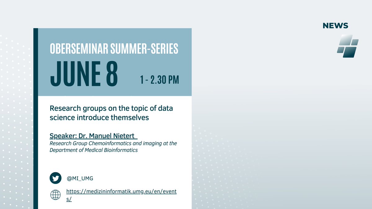Oberseminar Summer-Series #MI_UMG: Don´t miss the lecture by @Manuel_Nietert, Research Group Chemoinformatics and imaging at the Department of Medical Bioinformatics
Dail-in data on our website: medizininformatik.umg.eu/en/events/