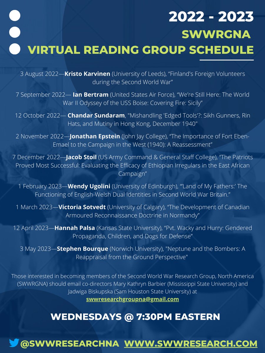SWWResearchNA's tweet photo. Mark your calendars for these Wednesday nights for our 2022-2023 virtual reading group. Looking forward to presentations by Kristo Karvinen, Ian Bertram, Chandar Sundaram, Jonathan Epstein, @JacobStoil, @wugolini, Victoria Sotvedt, @HannahPalsa, and Stephen Bourque. Join us! https://t.co/F5d6wl3bPZ
