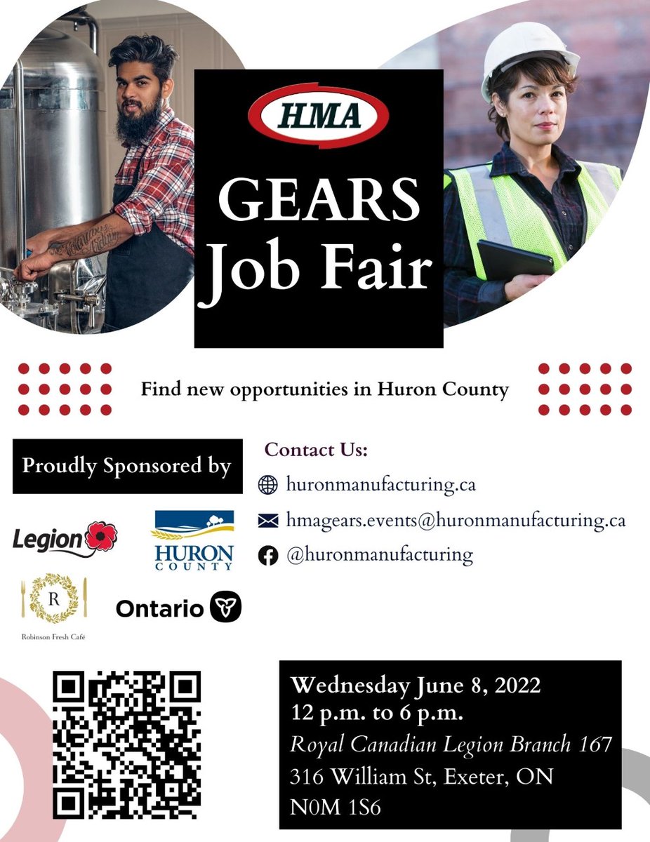 Don't miss out! Come meet local manufacturers from Huron County. There are many jobs waiting to be filled!
#jobfair #exeter 
FEATURING:
Compass Minerals, Design Concrete Systems, Agway Metals Inc, Bluewater Recycling Association, DURISOL, Everspring Farms, Farm Energy, and more!