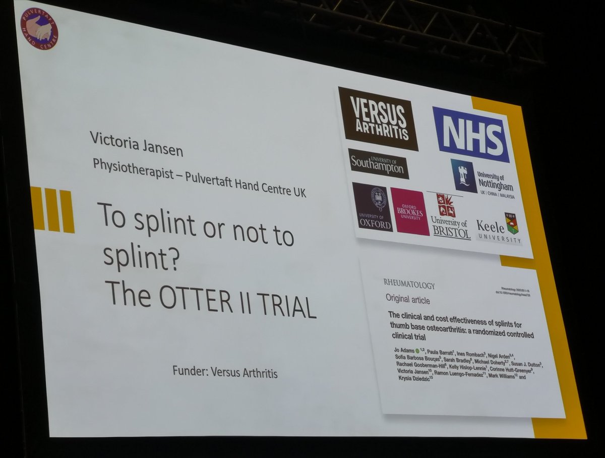 Donna Kennedy (@dkennedyhands) on Twitter photo In patients with thumb base #OA, does a thumb splint confer additional benefit beyond a self management program of education & exercise? The OTTER study, eloquently shared by <a href="/VictoriaJanse11/">Victoria Jansen</a>, says NO. <a href="/HandDerby/">DerbysHandTherapy</a> <a href="/The_Pulvertaft/">The Pulvertaft</a>
<a href="/JoAdamssoton/">Jo Adams</a>
bmjopen.bmj.com/content/9/10/e…
#ifsht2022 In patients with thumb base #OA, does a thumb splint confer additional benefit beyond a self management program of education & exercise? The OTTER study, eloquently shared by <a href="/VictoriaJanse11/">Victoria Jansen</a>, says NO. <a href="/HandDerby/">DerbysHandTherapy</a> <a href="/The_Pulvertaft/">The Pulvertaft</a>
<a href="/JoAdamssoton/">Jo Adams</a>
bmjopen.bmj.com/content/9/10/e…
#ifsht2022