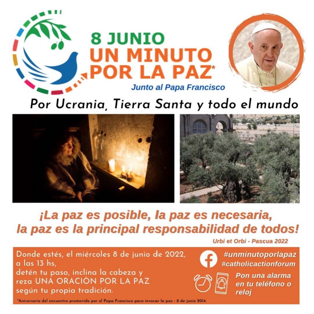 CA_Forum's tweet photo. UN MINUTO POR LA PAZ
Demos la mano a la paz 🙏
⏰ Mañana, miércoles 8 de junio a las 13:00 horas, detén tu paso, inclina la cabeza y reza por la #paz
#unminutoperlapace #unminutoporlapaz #umpp #Paz #Ucrania #SantaTerra #Mundo https://t.co/aJdPAqbPgw