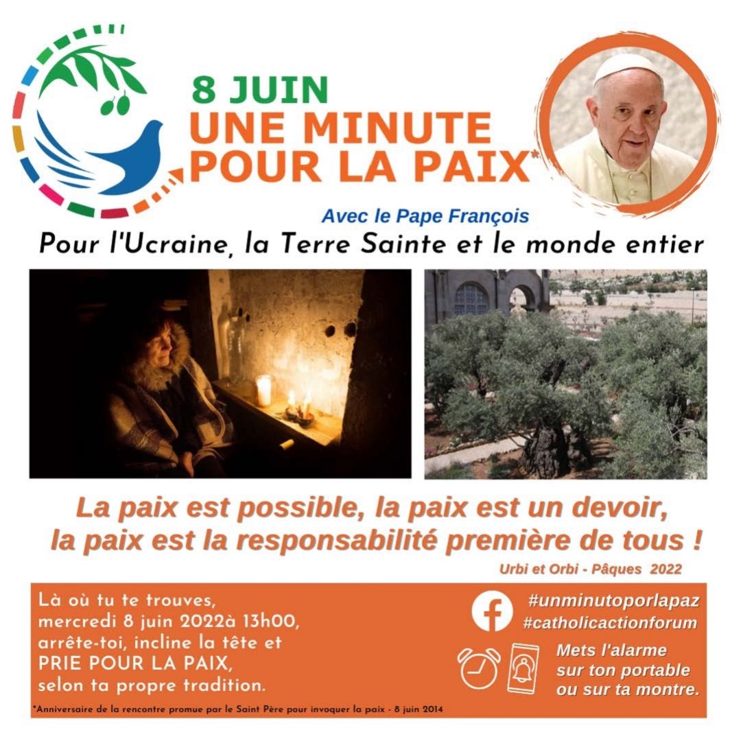 CA_Forum's tweet photo. UNE MINUTE POUR LA PAIX
Prêtons la main à la paix 🙏
⏰ Demain, mercredi 8 juin à 13h, arrête-toi, incline la tête et prie pour la #paix.
#unminutoperlapace #unminutoporlapaz #umpp #paix #ukraine #TerreSainte #Monde https://t.co/RzEqHqo1cr