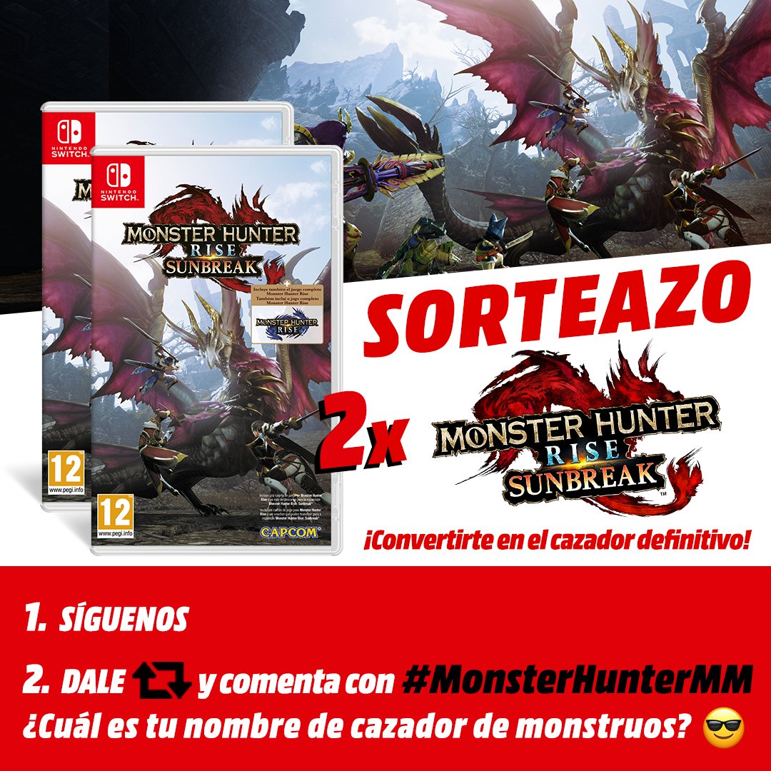 🔥🔥🔥 𝗦𝗢𝗥𝗧𝗘𝗔𝗭𝗢 🔥🔥🔥🐉⚔️
¡2 juegazos Monster Hunter Rise: Sunbreakpara Switch!

1⃣ Síguenos
2⃣ Dale RT
3⃣ Comenta con #MonsterHunterMM ¿Cuál es tu nombre de cazador de monstruos?💥

¡Participa solo hoy! 🍀

Consíguelo antes aquí➡️ bit.ly/MonsterHunterR…