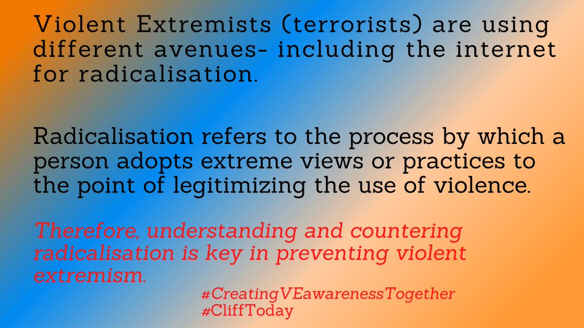 clifflyk's tweet photo. We can't discuss Violent Extremism (VE) without talking about radicalization because if we understand it, we will respond & prevent it better. Let's create & increase VE awareness together. @_ICEPCVE @igadsecretariat @DrWorkneh @_AfricanUnion @jumuiya #CliffToday #United4PCVE https://t.co/kQDfHNGdwq