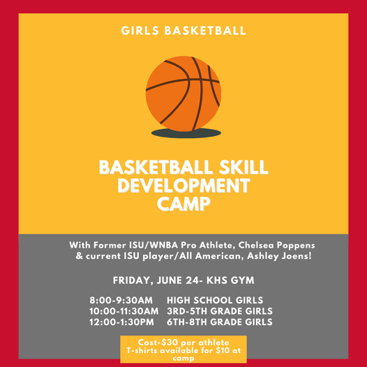 Amazing opportunity for all area female basketball players!  Chelsea Poppens- former ISU/WNBA Pro Athlete &amp; Ashley Joens- current ISU player/All American will be holding a skills camp at Kuemper High School on Friday, June 24th!  Athletes may sign up and pay the day of the camp!