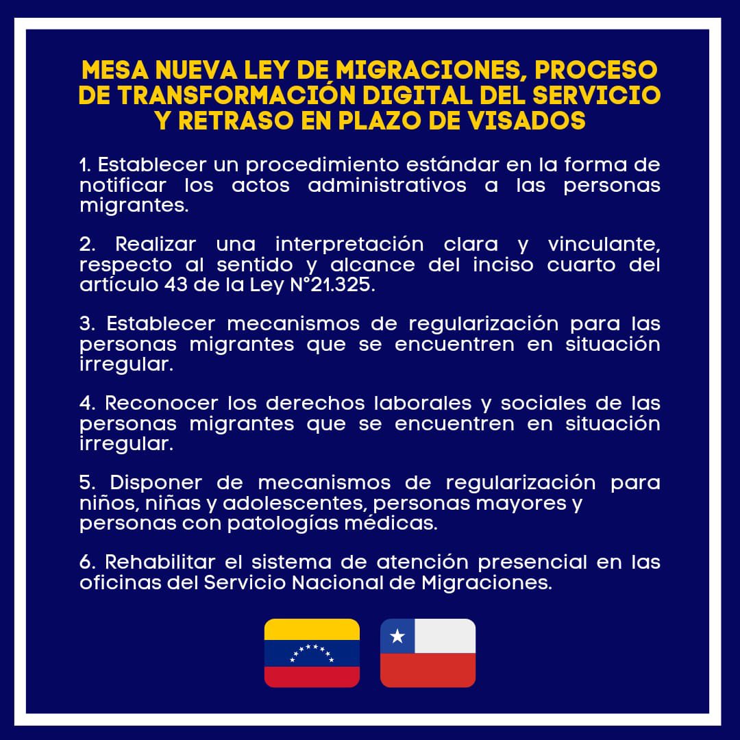 🧵 2/4 (mesas 1,2,3) 

El objetivo de las propuestas, y de avanzar hacia una agenda de trabajo comun, es contribuir a la inclusión de la población migrante y refugiada en Chile, aportando al desarrollo del país en todos sus territorios.