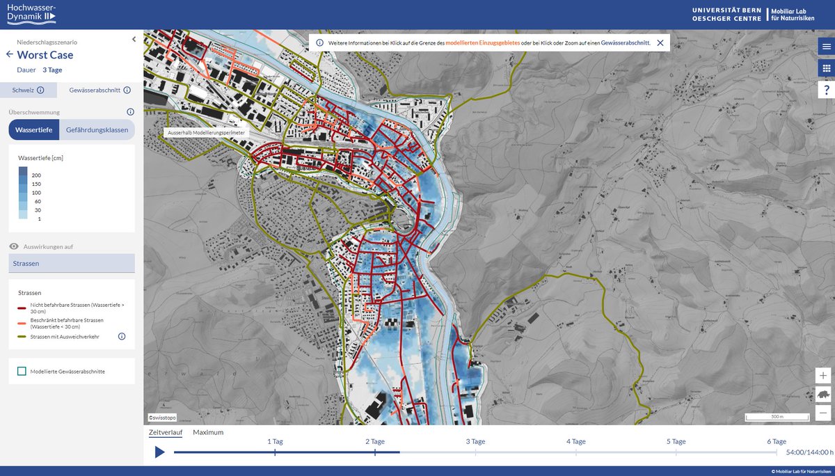 AndreasZischg's tweet photo. We are glad to release our new interactive web-tool https://t.co/yNxiHo69Hd #mobiliarlab at @unibern. Gives the time dimension to visualization of floods and flood impacts in Swiss headwater catchments. Simulates also impacts to the traffic network https://t.co/itu4ONtnkn