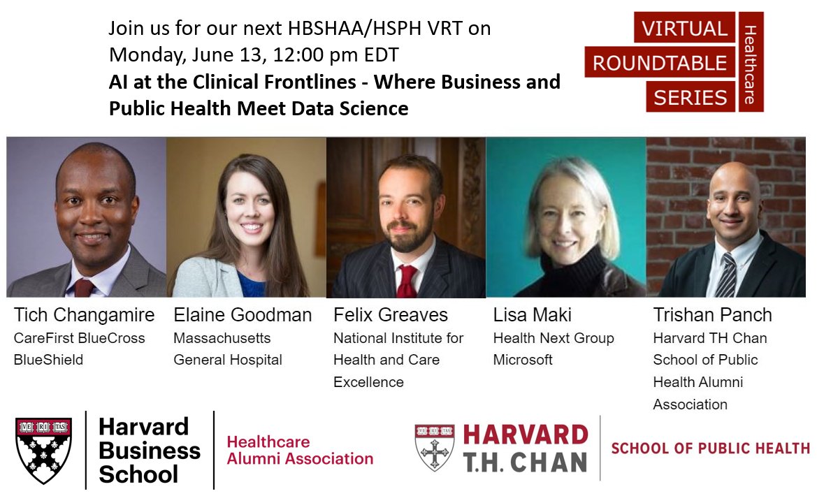 Join our next VRT: AI at the Clinical Frontlines, Mon 6/13 12pm EDT bit.ly/20220613AIFron… #keepconnectedstaysmart @HarvardChanSPH @basslinetherapy @HarvardHealth @harvardmed @HarvardHBS