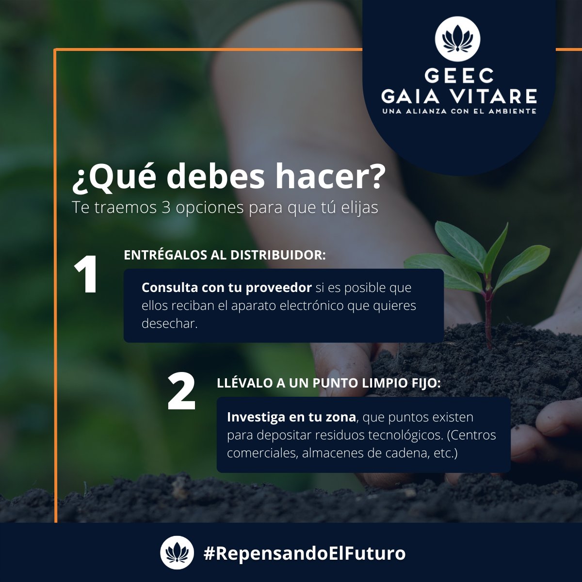 vitare_a's tweet photo. En #repensandoelfuturo te enseñaremos a deshacerte de tus residuos tecnológicos sin afectar al #MedioAmbiente 🌿
#residuos #economiacircular #sostenibilidad https://t.co/wF6rr18vA9