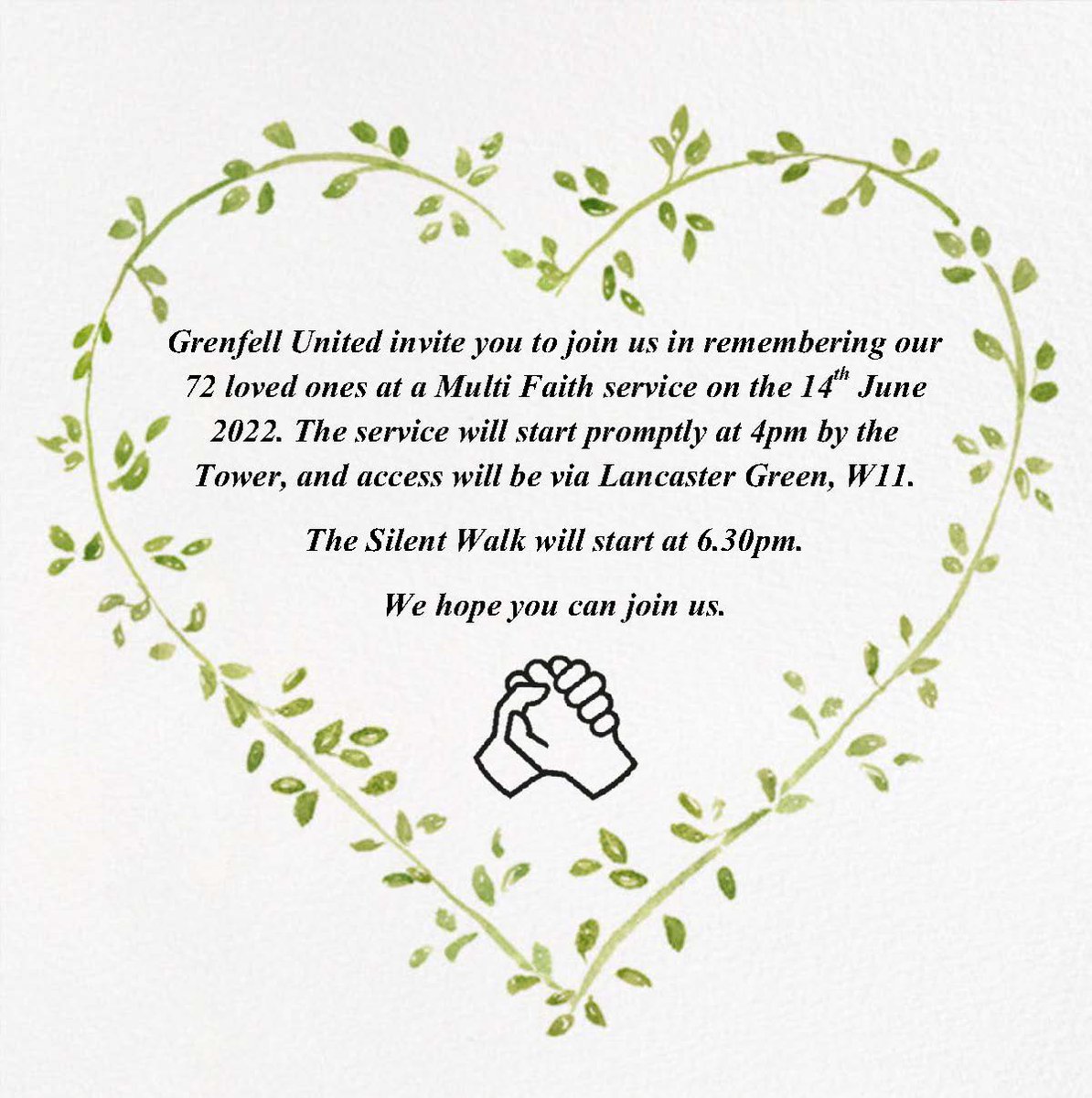 GrenfellUnited's tweet photo. Please join us for the #Grenfell 5th Anniversary Memorial Service at the base of Grenfell Tower on Tuesday 14th June for a 4pm start.

The service will be followed by the silent walk beginning at 6:30pm.

We look forward to seeing everyone there💚 https://t.co/N5Esb6BDOs