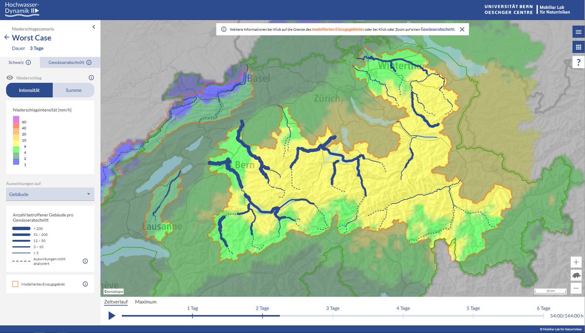 AndreasZischg's tweet photo. We are glad to release our new interactive web-tool https://t.co/yNxiHo69Hd #mobiliarlab at @unibern. Gives the time dimension to visualization of floods and flood impacts in Swiss headwater catchments. Simulates also impacts to the traffic network https://t.co/itu4ONtnkn