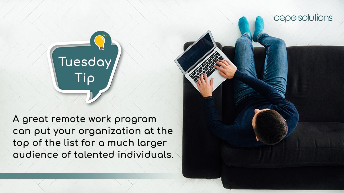 ceposolutions's tweet photo. Highlighting the tip of the week!
A great remote work program is the key to attracting better &amp; talented candidates. 
What do you think? Let us know in the comments below!

#tuesdaytip #remotework #remotejobs #staffingindustry #staffing #CepoSolutions https://t.co/sSi4MrIi6x