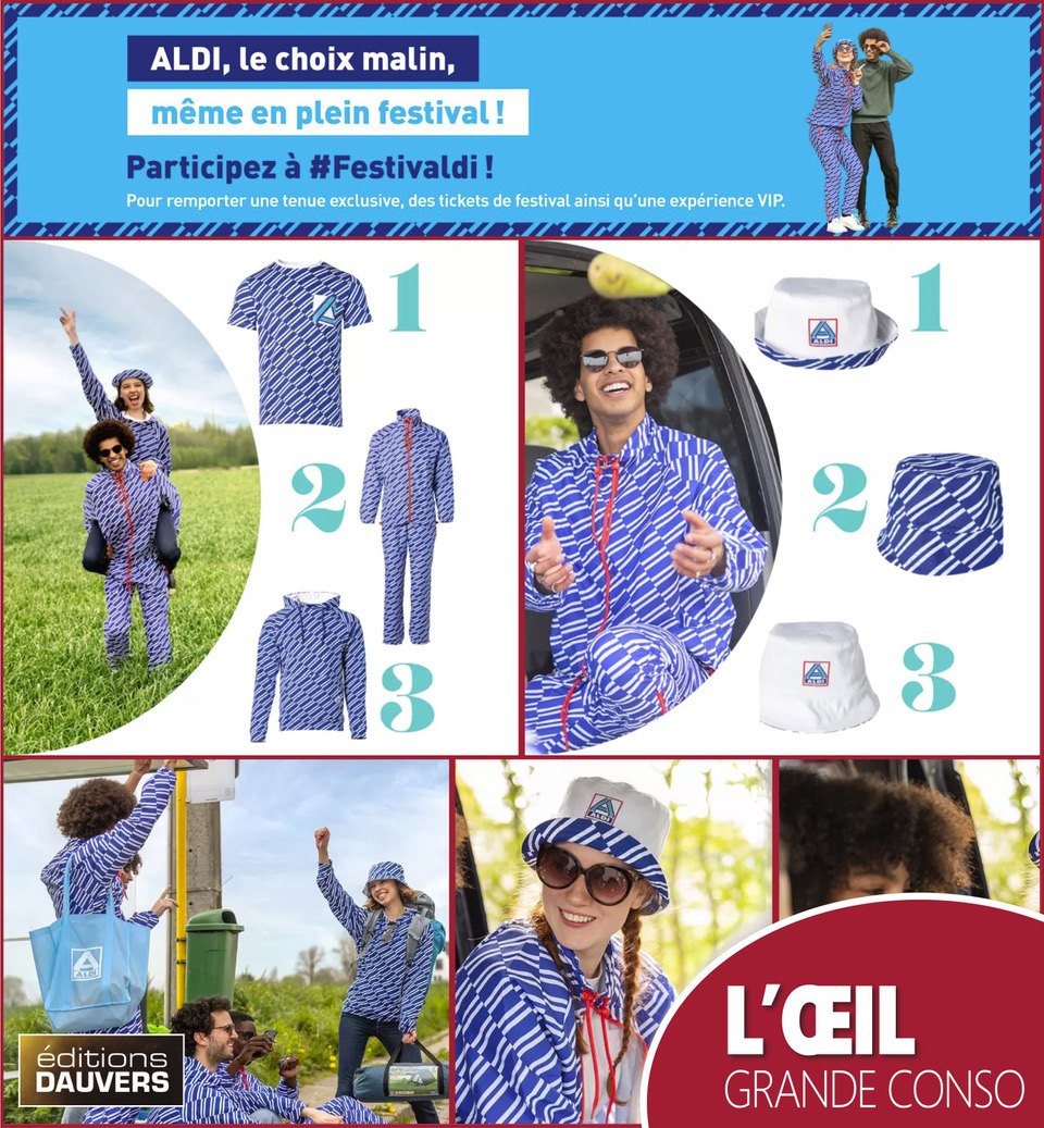 Dauvers70's tweet photo. En Belgique, Aldi a lancé une collection capsule sur le thème des festivals d’été. Les vêtements ne seront pas en vente mais pourront être gagnés avec le jeu concours #Festivaldi. #LŒILGRANDECONSO
(preneur du bob et promis je fais une photo depuis la plage avec #BBTed 😍) https://t.co/iryz40WJzZ