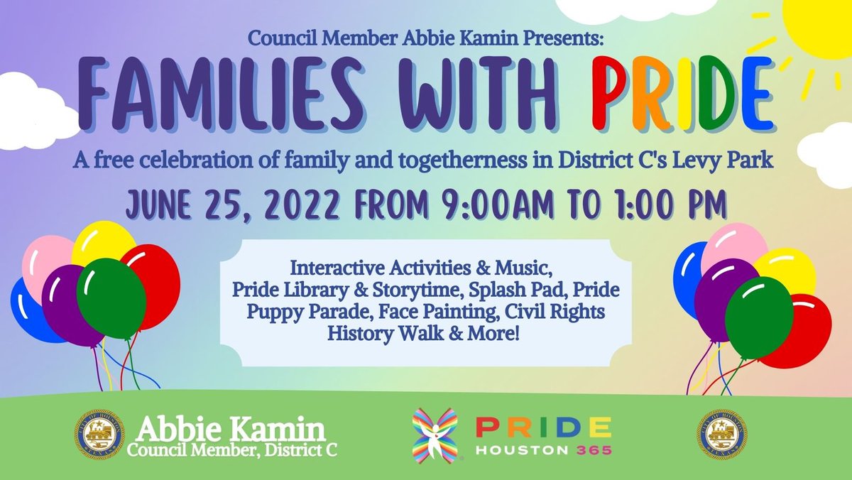 AbbieKamin's tweet photo. 🏳️‍🌈 Exiting news! CM Abbie Kamin is partnering with @PrideHouston to host #FamiliesWithPride, a free celebration  in #DistC’s Levy Park.

Civil rights history, interactive activities, face paint, music, puppy parade, and so much more on June 25! 

#Pride  #PrideHouston https://t.co/Hni8OTO60E