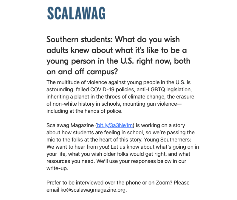 scalawagmag's tweet photo. 7/7 Students: Do you have a story to share? Our reporting isn't done yet.

Use this form to tell us about what's going on in your life, what you wish adults would get right, and what resources you need. 
https://t.co/mJFKsHSjBq https://t.co/CGcYgvWfw8