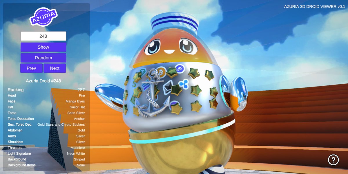 The Azuria 3D Droid Viewer has launched!You'll now able to visualize any droid, see their rankings, and attribute rarities. Available here: droids.azuria.world/droid-viewer/  (You'll need to be on a desktop browser) 

#AzuriaDroids #NFTs #nftcommunity #metaverse #solana #3Dnfts