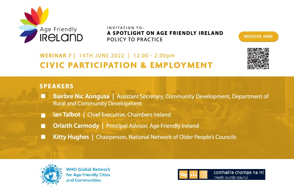 REGISTER NOW for A SPOTLIGHT ON AGE FRIENDLY IRELAND | POLICY TO PRACTICE | WEBINAR 7 - Civic Participation and Employment

@DeptRCD 
<a href="/ChambersIreland/">Chambers Ireland</a> 
<a href="/OrlaithCarmody/">Orlaith Carmody</a> 
<a href="/UNDecadeAgeing/">UN Decade of Healthy Ageing (2021-2030)</a> 
<a href="/LocalGovIre/">Local Government Ireland</a> 
<a href="/WHO/">World Health Organization (WHO)</a>

us06web.zoom.us/webinar/regist…