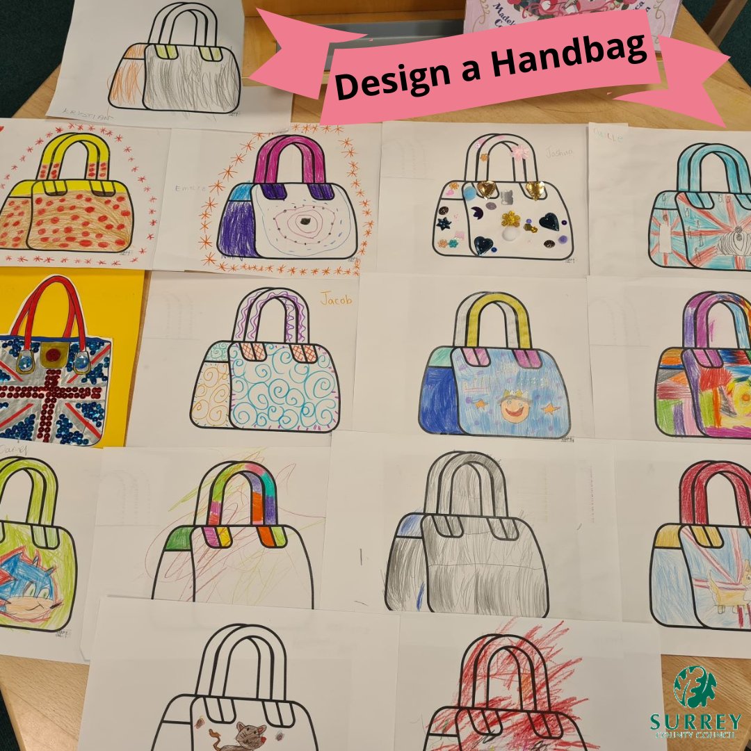 CaterhamLibs's tweet photo. What fabulous handbags designed by our young visitors. The Queen would be proud to wear each one of these. Which one would you carry? #Handbag #PlatinumJubilee2022 #HandbagDesign #KidsCrafts #LoveYourLibrary https://t.co/b0fe1DXfG7