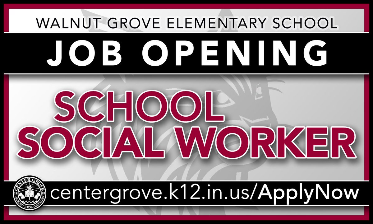 Walnut Grove has an opening for a school social worker. The ideal candidate is a dedicated school social worker who has a passion for helping kids succeed in school on an incredible Wildcat team! Apply online at centergrove.k12in.us/applynow. #E3CG #jobs