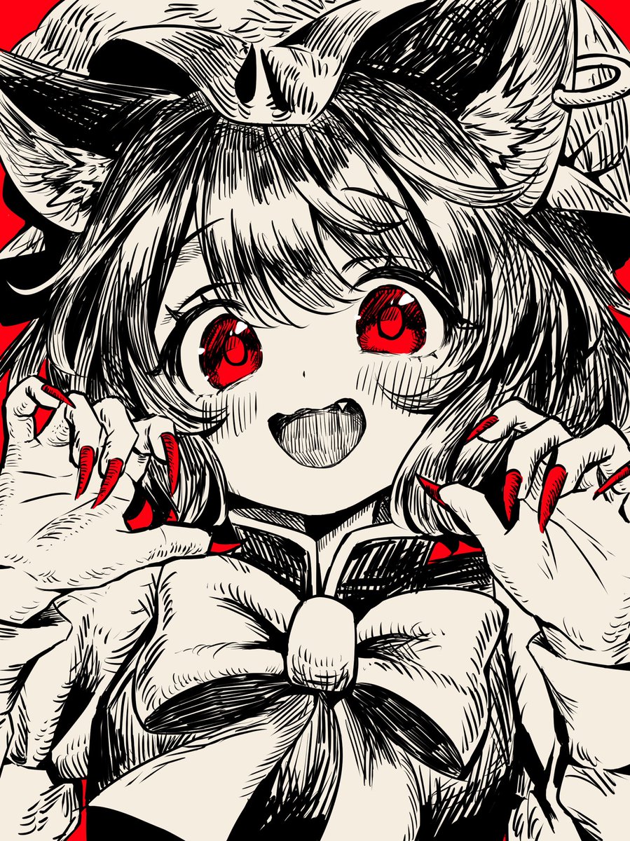 chen 1girl animal ears solo red eyes cat ears hat open mouth  illustration images