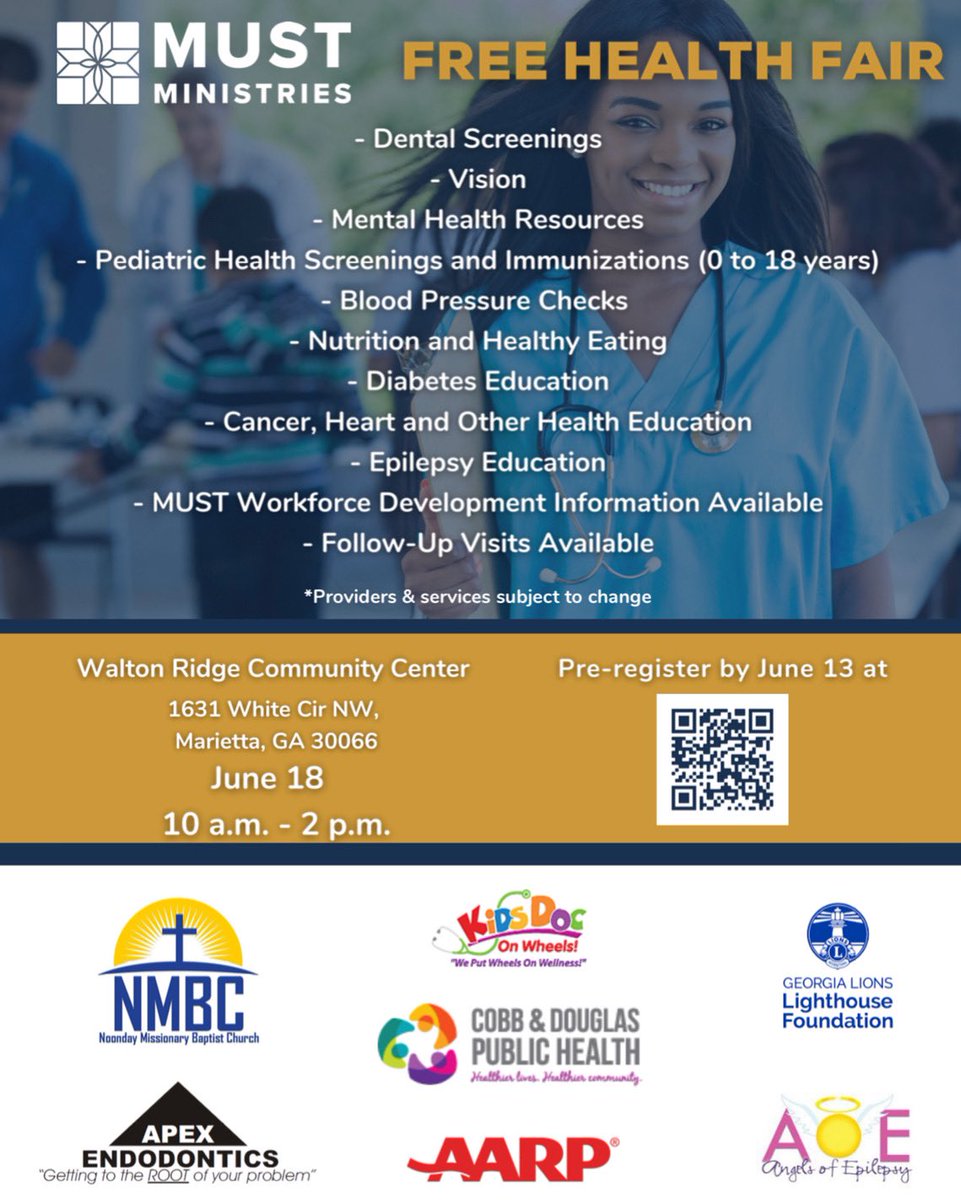 AOEpilepsy's tweet photo. Meet Angels of Epilepsy at the MUST Ministries FREE health fair at Walton Ridge Community Center in Marietta, GA on June 18th from 10am - 2pm! 

➡️ Register: https://t.co/QIlEk58zqG

#MUSTMinistries #AOEinc #HealthFairs #JUNE18 #Georgia #EpilepsyEquity #Epilepsy #FoodAndHousing https://t.co/zLxz1M2dQU