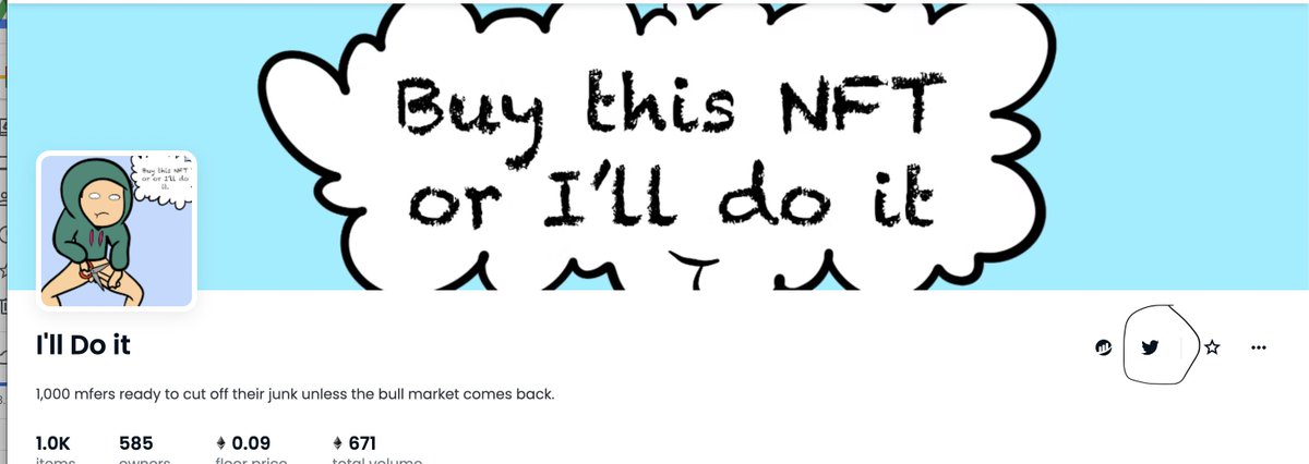 I figured you might need some help with how smooth brain you guys are. I have circled the twitter ownership on the collection page which will link here, and not your rugged twitter #illdoit #nft #eth