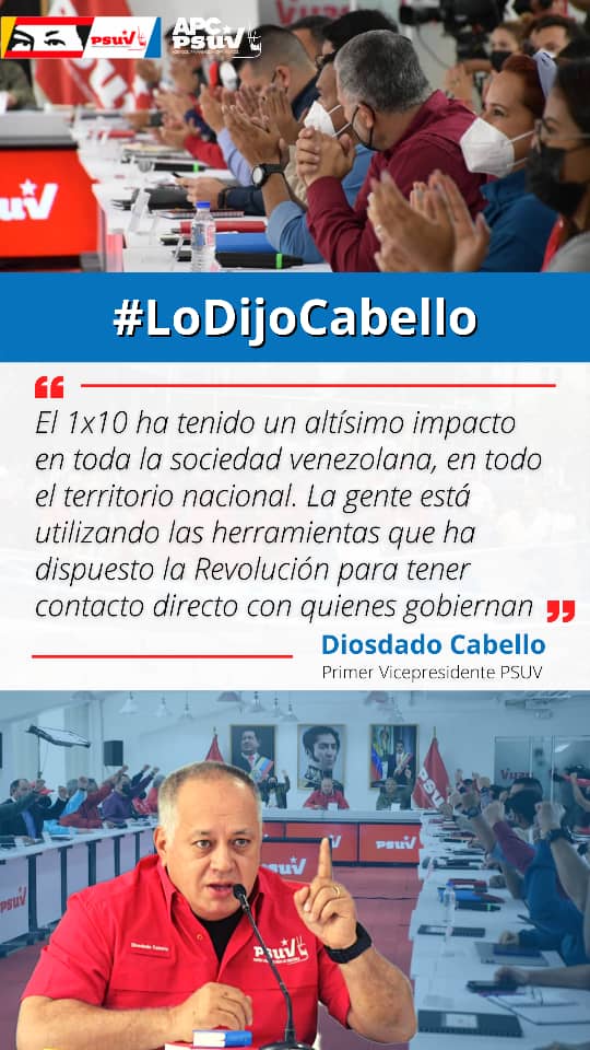 PartidoPSUV's tweet photo. Diosdado Cabello: El 1x10 ha tenido un altísimo impacto en toda la sociedad venezolana, en todo el territorio nacional. La gente está utilizando las herramientas que ha dispuesto la Revolución Bolivariana para tener contacto directo con quienes gobiernan. https://t.co/Ag16UPxnXs