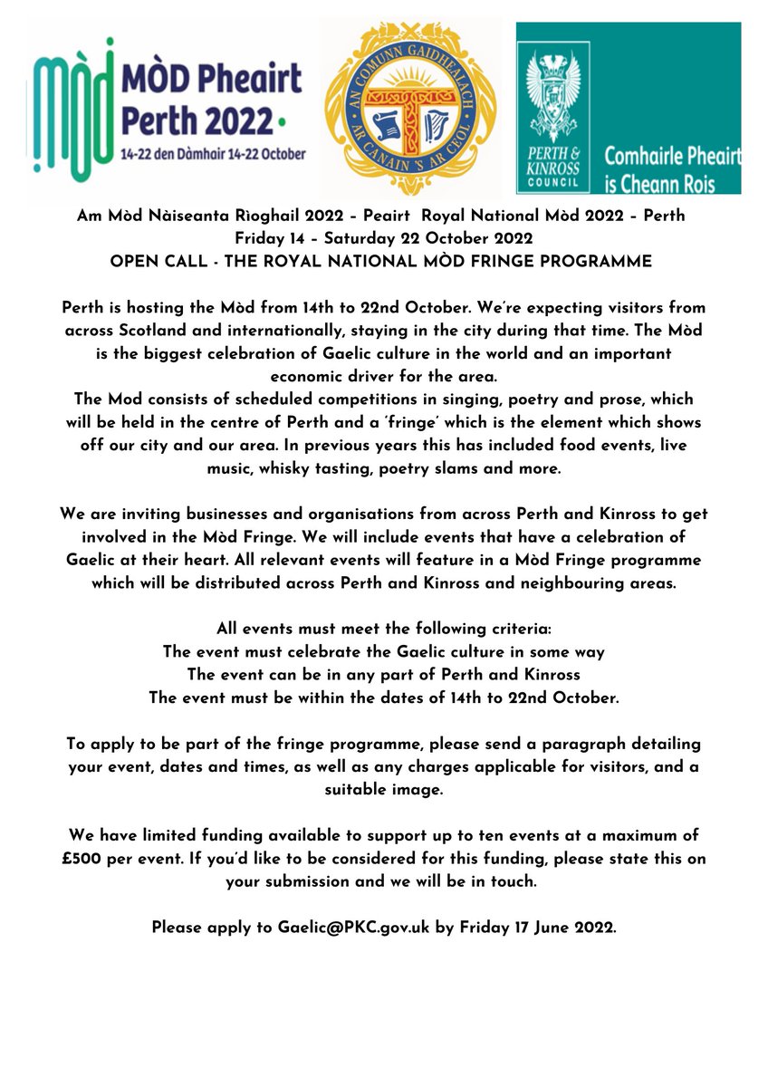 Check out the info below regarding The Royal National Mod Fringe Programme- Get involved if you are a business or organisation in Perth &amp; Kinross!