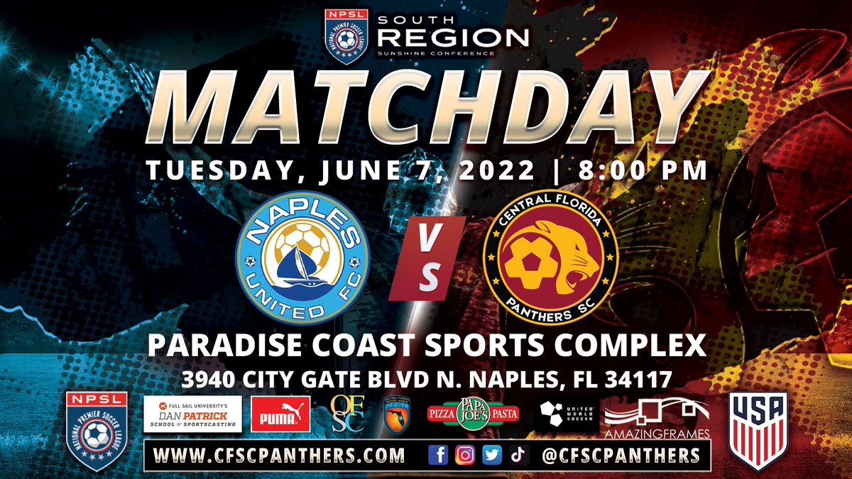 IT'S MATCHDAY! The Panthers hit the road again to Naples, Florida for our rescheduled @NPSLSoccer game vs @NaplesUnitedFC tonight with a kickoff 8:00 pm. Let's go Panthers! 
#soccer #orlando #supportlocal #npsl #cfscpanthers #cfp2022 https://t.co/uZNhArhALr