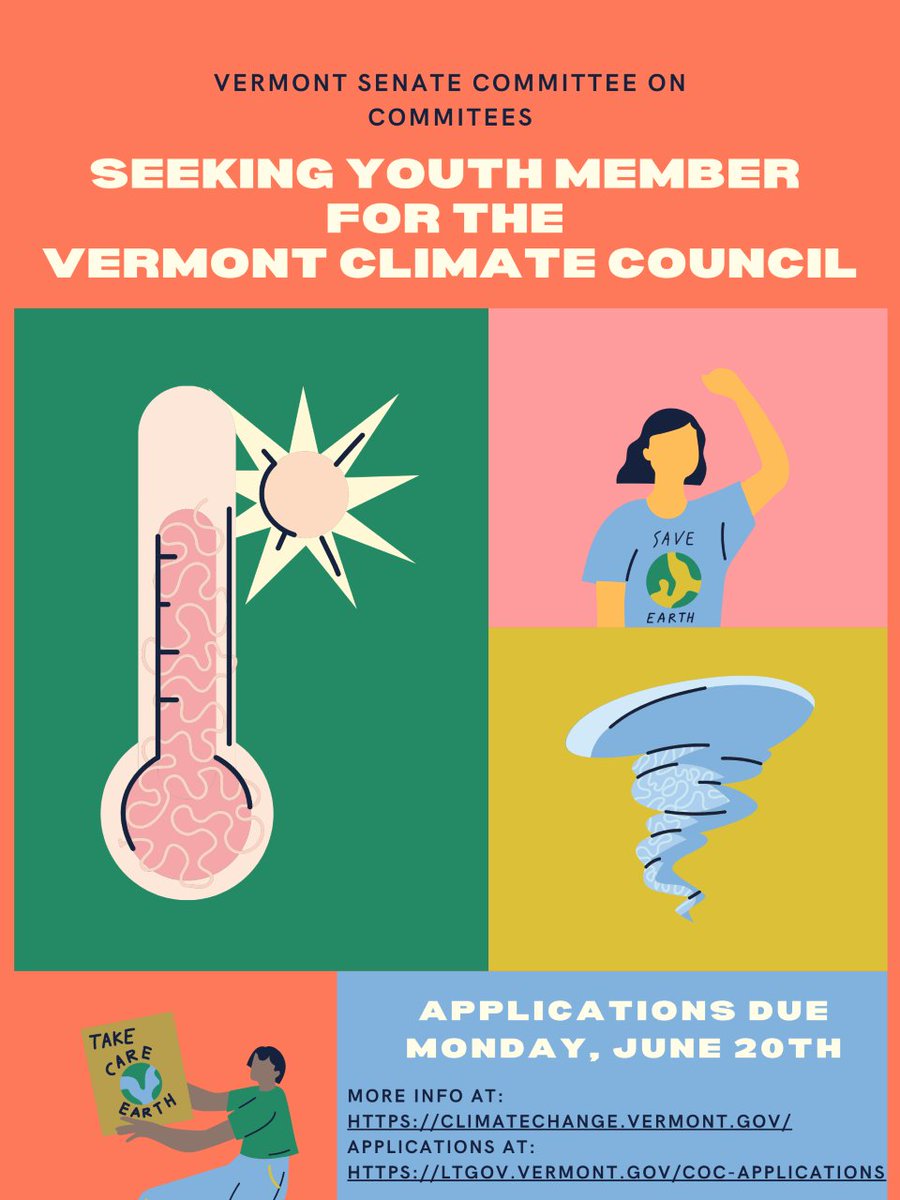 LtGovGray's tweet photo. The Senate Committee on Committees is seeking applications for a new Youth Member on the Vermont Climate Council. This is an opportunity for a young person to have a seat at the table in Vermont's efforts to address climate change. 1/2 https://t.co/IYVs8OfZsj