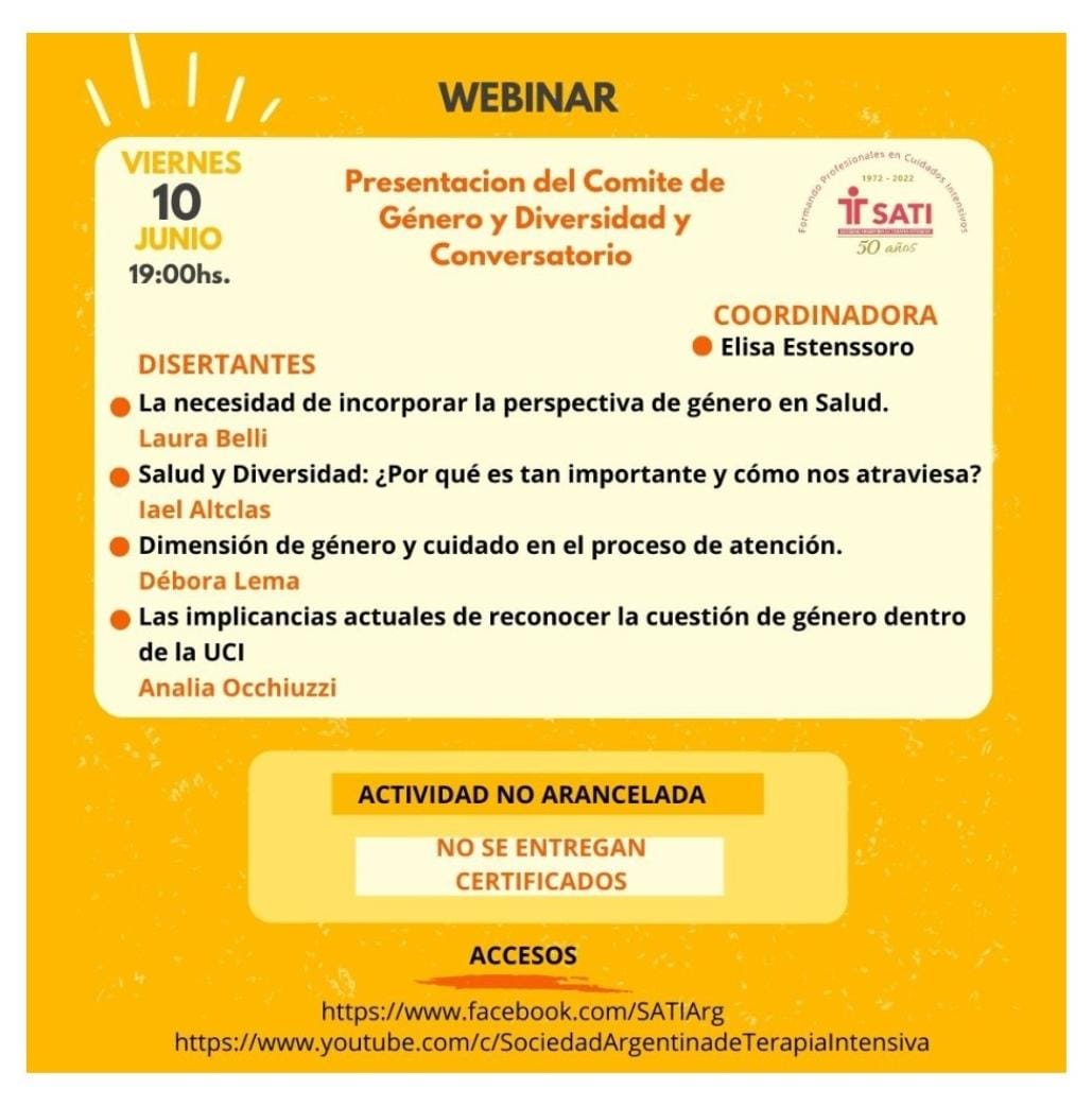 Este viernes lxs esperamos para compartir el proceso de conformación del Comité de Género de <a href="/SATIarg/">SATI</a> y abordar el tema género en salud y su relevancia en el área crítica! <a href="/LauraFBelli/">Laura F Belli</a> <a href="/AnaliaOcchiuzzi/">Analia Occhiuzzi</a> <a href="/Debi_Lema/">Debi Lema</a> <a href="/CarinaBalasini/">Carina Balasini</a> <a href="/LlanosNatalia/">natalia llanos</a> <a href="/_GabrielaVidal_/">Gabriela Vidal</a> y muchxs más!