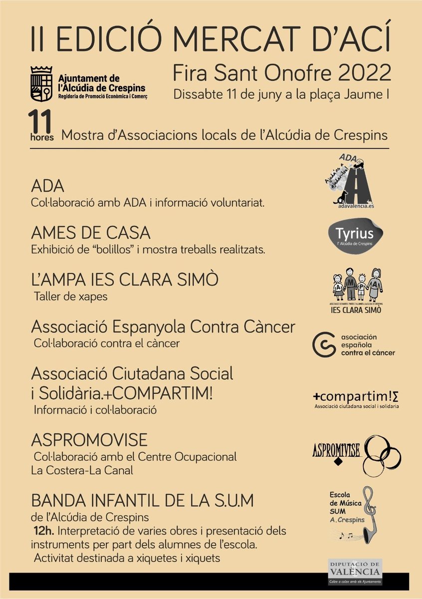 AjuntaAlcudiaCr's tweet photo. 👉 🍅   Aquest cap de setmana de festes patronals celebrem a la plaça Jaume I la segona edició del Mercat d'Ací. 

Vos esperem per a gaudir dels productes de la nostra terra 😊

#lalcudiadecrespins #mercatdaci #sostenibilitat #productes #Ecologisme #proximitat #nostraterra https://t.co/pdspFIycy1