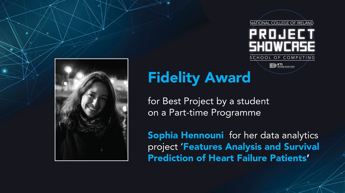 NCIRL's tweet photo. Congratulations to final year computing student, Sophia Hennouni, who won the Fidelity Award for Best Project by a student on a Part-time Programme for #NCIProjectShowcase https://t.co/Ggm9ZIHElM